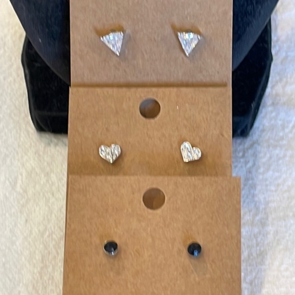 💐5/25 3 pair stud crystal cz heart rectangle round silver tone earrings
